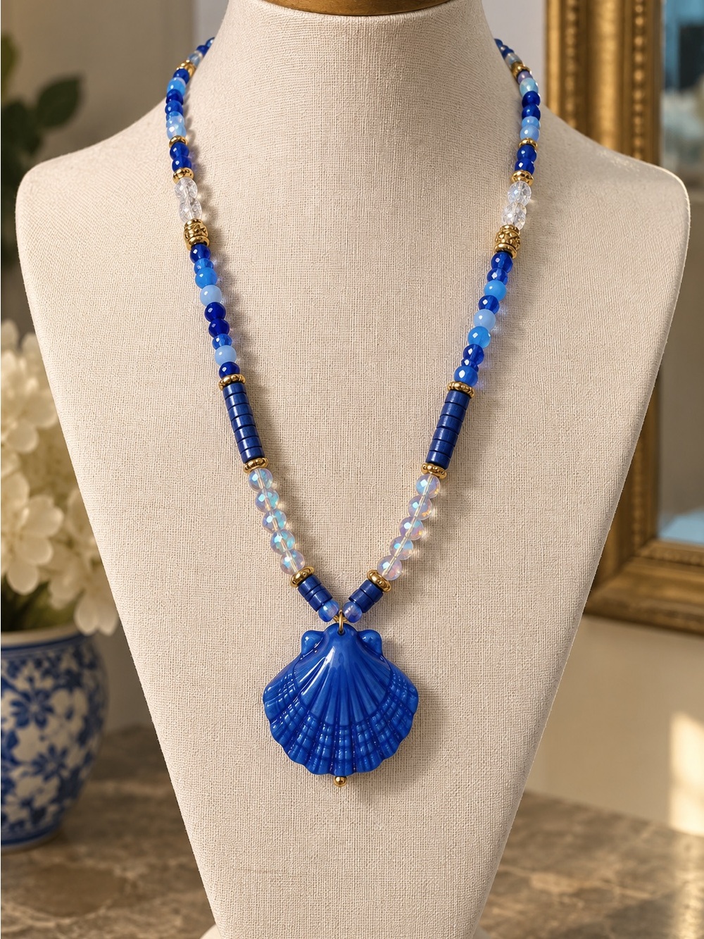 New Blue Shell Pendant Beaded Necklace w natural lapis- Women Jewelry